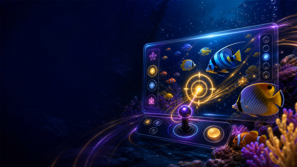 Fish-style game guide with an underwater arcade interface and tropical fish