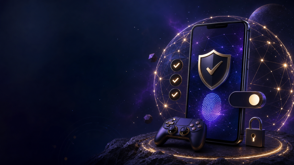 Mobile gaming safety checklist with a protected smartphone and fingerprint