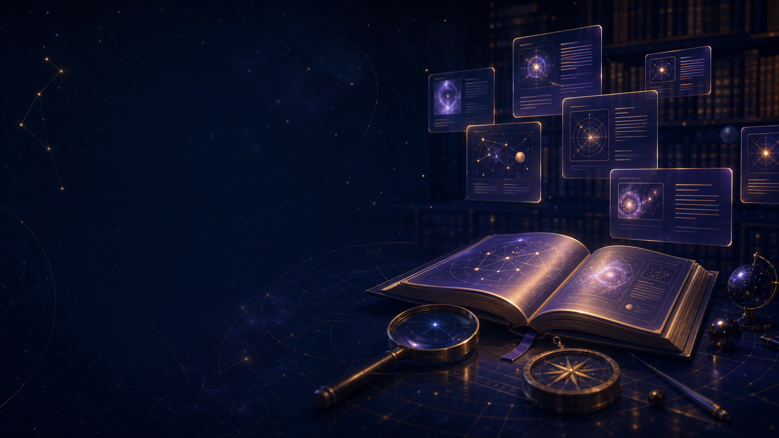 Orion Stars guides knowledge hub with an open book and research tools