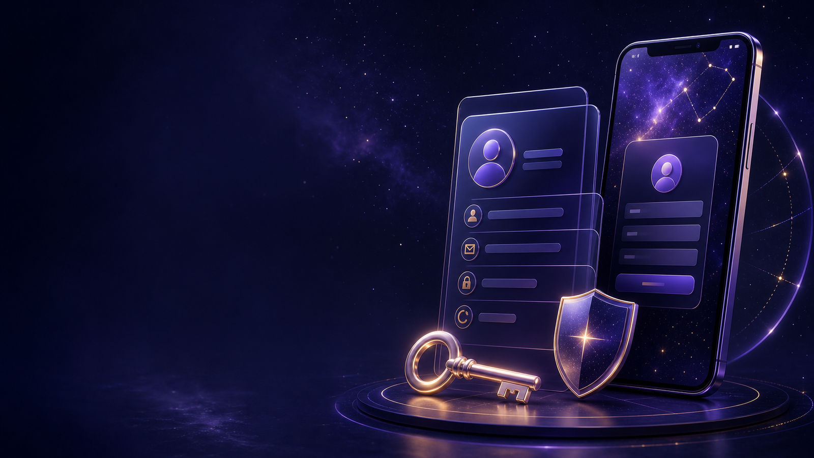 Orion Stars registration guide with a phone, profile, key and shield