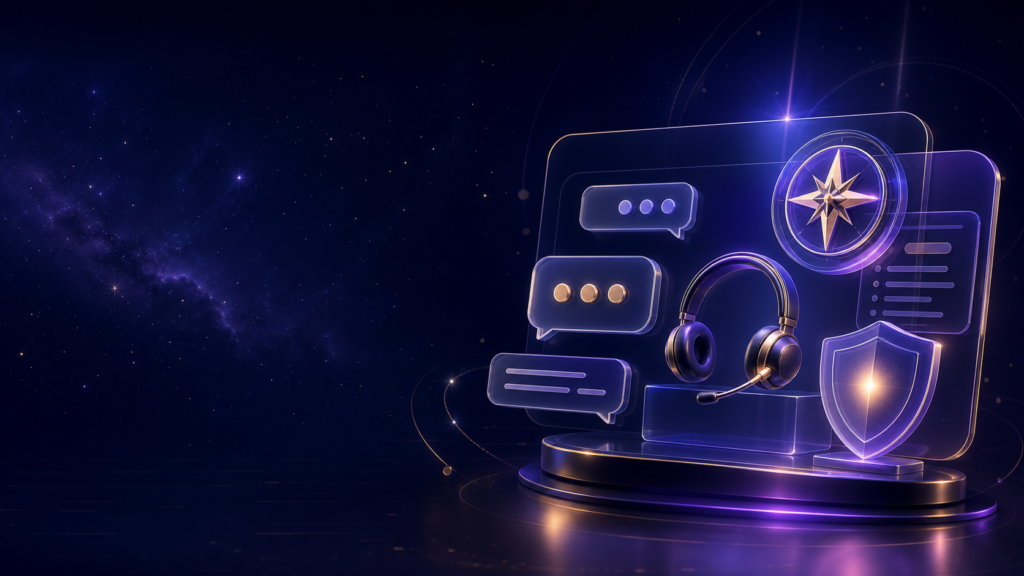 Orion Stars support center with chat, headset and protection symbols