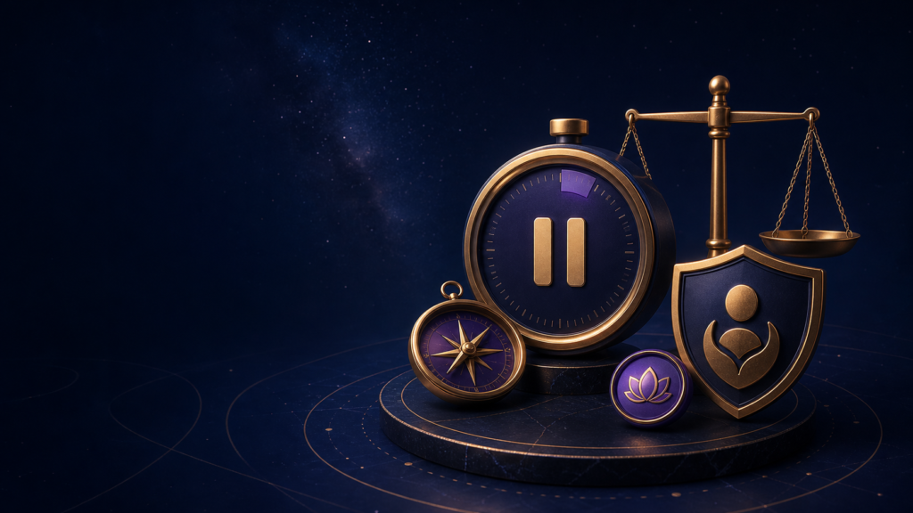 Responsible social gaming controls with a timer, balance scale, compass and shield