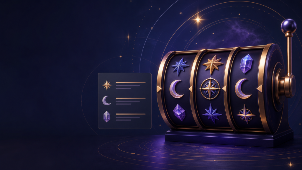 Reel-style games guide with stars, moons, crystals and an information panel