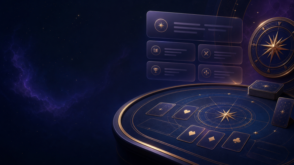 Digital table games guide with cards, rules and compass imagery